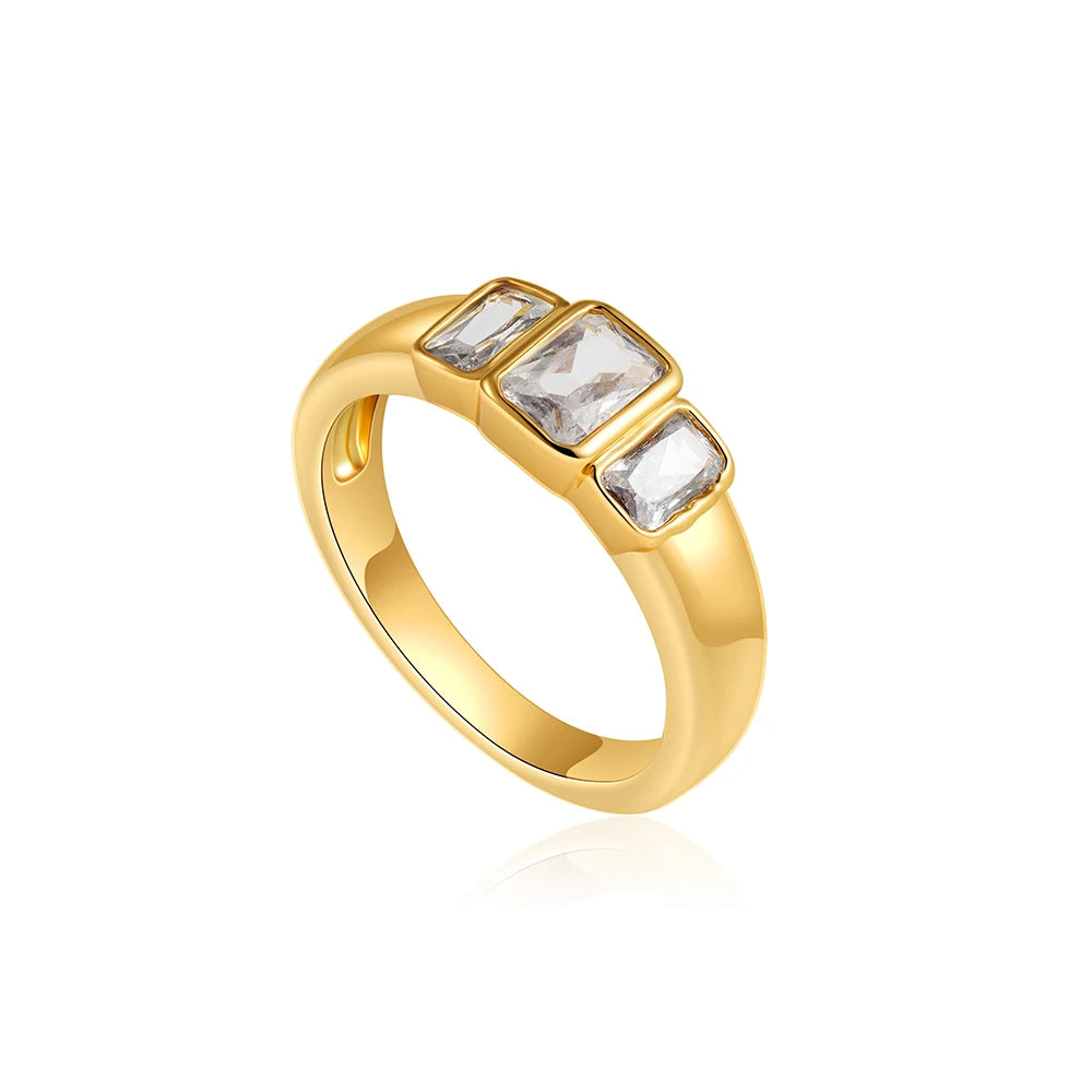 18K Gold Plated Stainless Steel Square CZ Ring Waterproof Wedding Jewelry