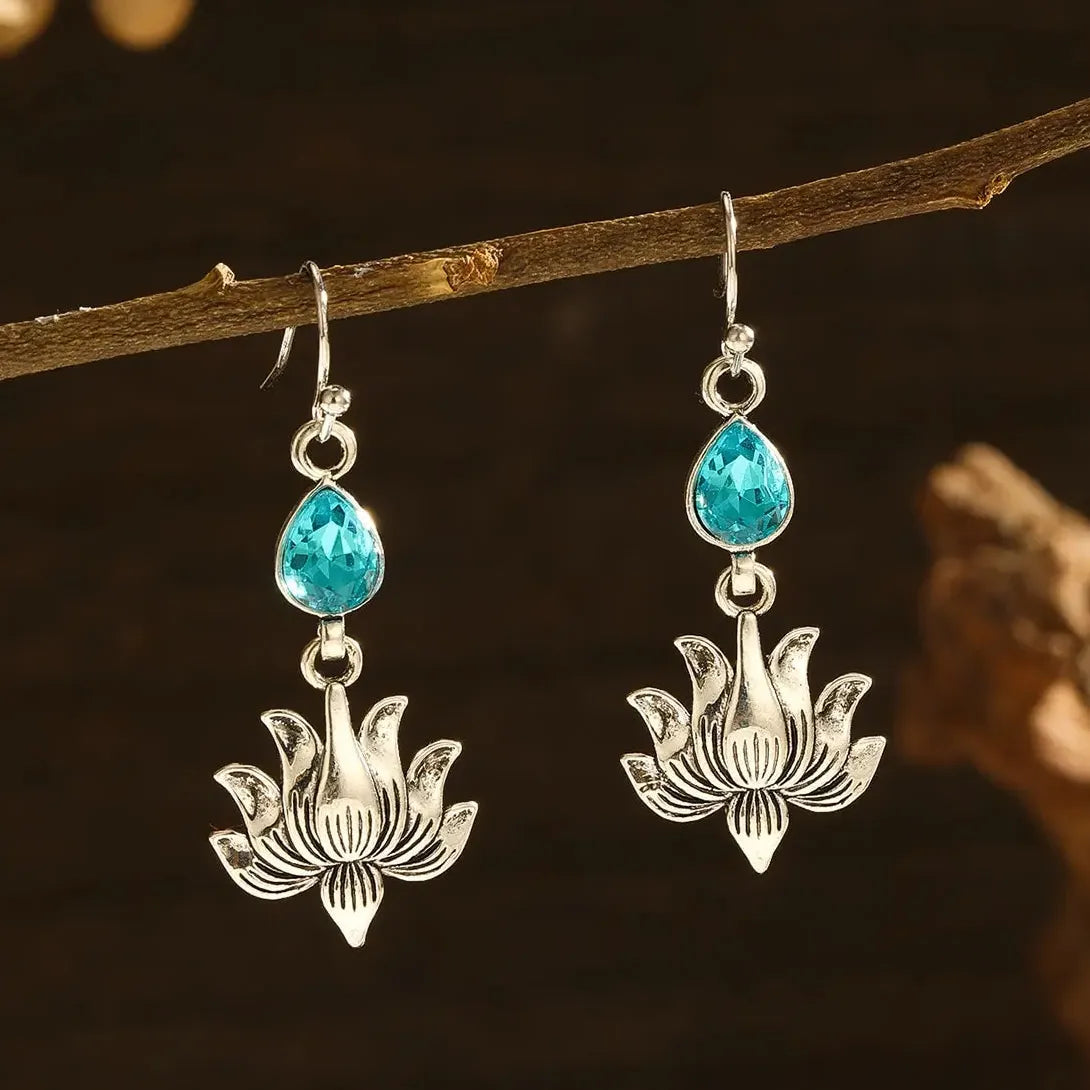 Vintage Blue Cubic Zirconia Lotus Drop Earrings for Women Zinc Alloy Jewelry Gift
