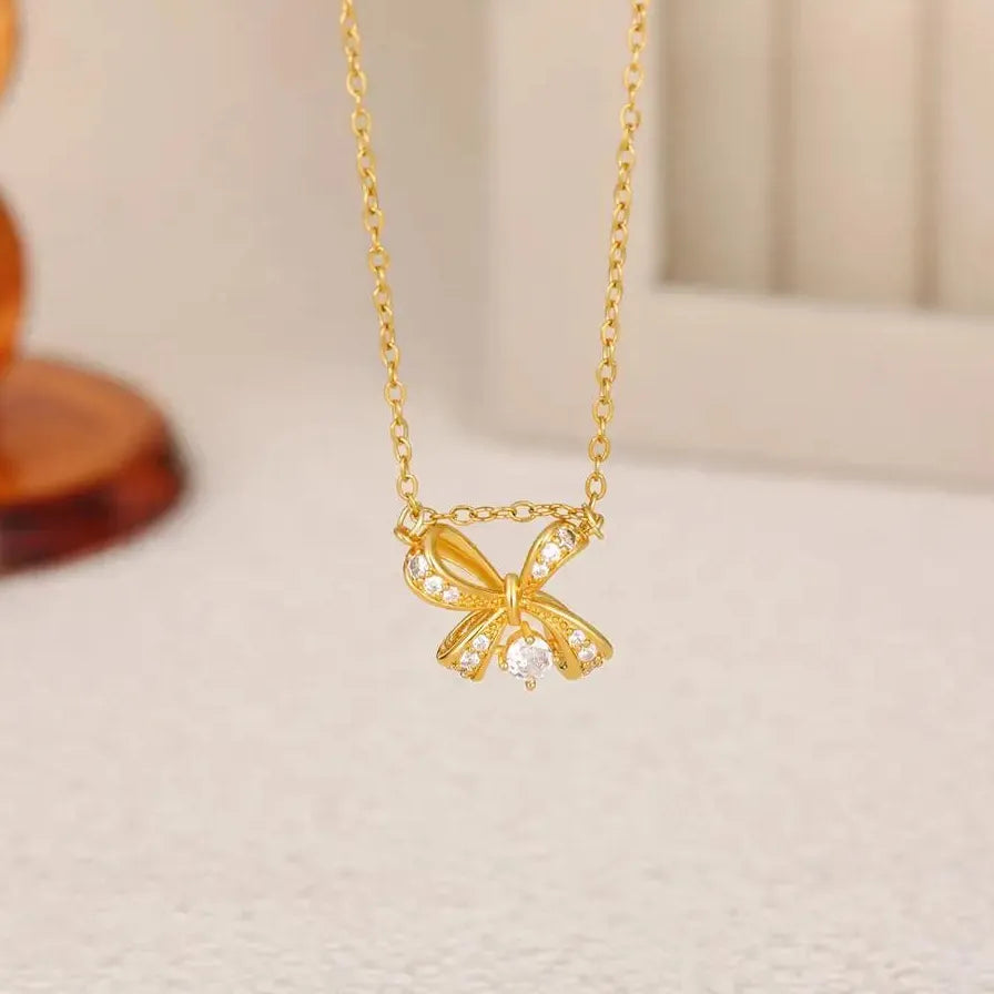 18K Gold Plated Butterfly Bowknot Pendant Necklace Women CZ Zircon Choker Jewelry