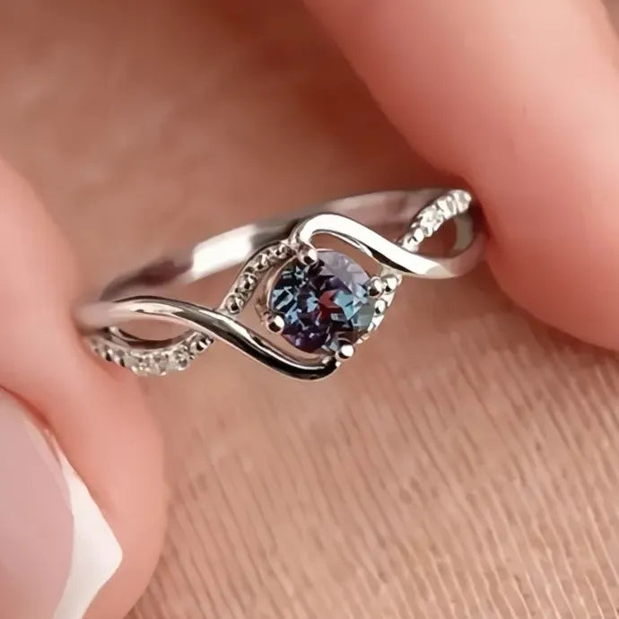 Elegant Women’s Geometric Twist Ring with Blue CZ Brass Wedding Band