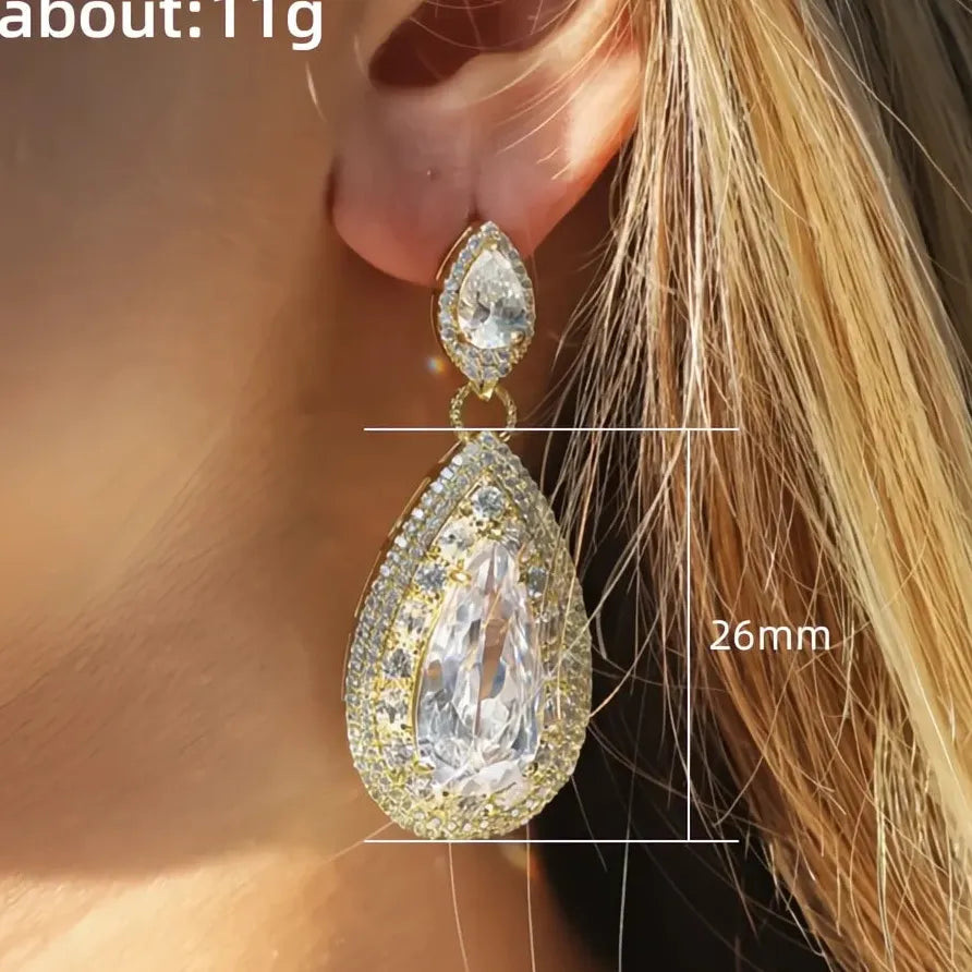Gold Water Drop Dangle Earrings with Sparkling Cubic Zirconia for Women