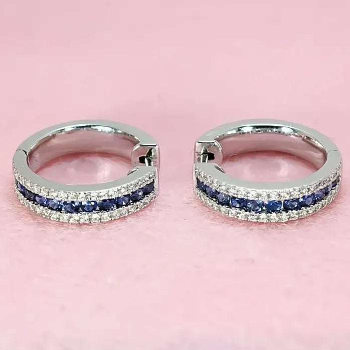 Silver Hoop Earrings with Blue Cubic Zirconia Geometric Design for Women