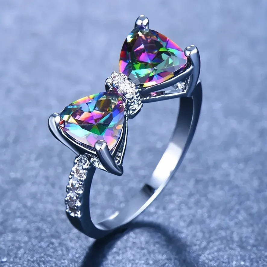 Personality Multi-colored Cubic Zirconia Bow Ring for Women Wedding Party Jewelry Gift