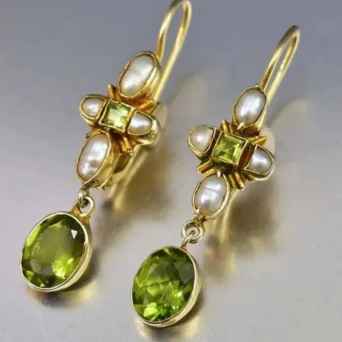 Geometric Green Stone Inlay Pearl Dangle Earrings for Women Party Jewelry