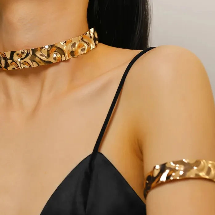Punk Gothic Geometric Irregular Wrinkled Metal Necklace & Bracelet Set Women