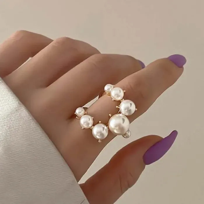 Adjustable Vintage White Pearl Double Layer Geometric Crystal Mood Tracker Ring for Women