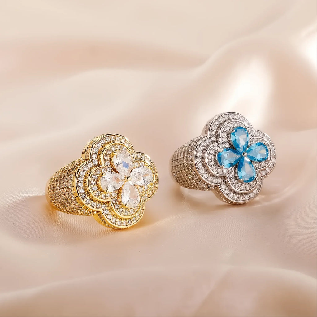 Iced Out Colorful Four Leaf Flower Ring Micro Pave CZ Bling Men Women Jewelry