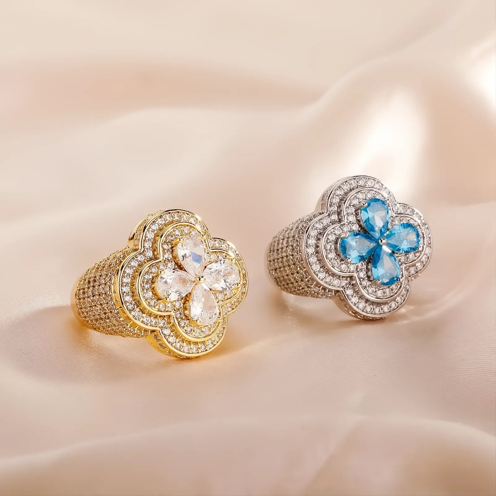 Iced Out Colorful Four Leaf Flower Ring Micro Pave CZ Bling Men Women Jewelry