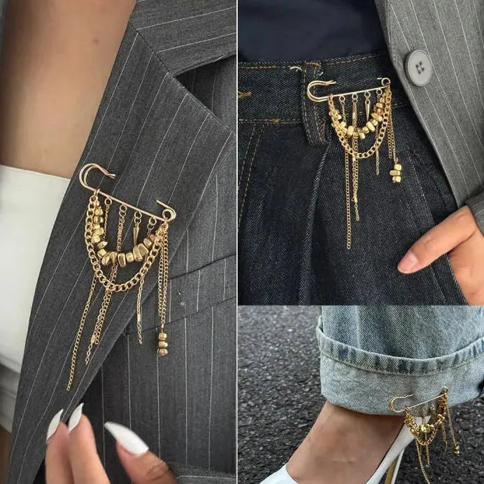 Geometric Zinc Alloy Brooch Tassel Beaded Trouser Fastener for Women Men