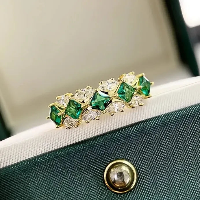 Luxury Gold Green Cubic Zirconia Geometric Wedding Ring for Women Jewelry