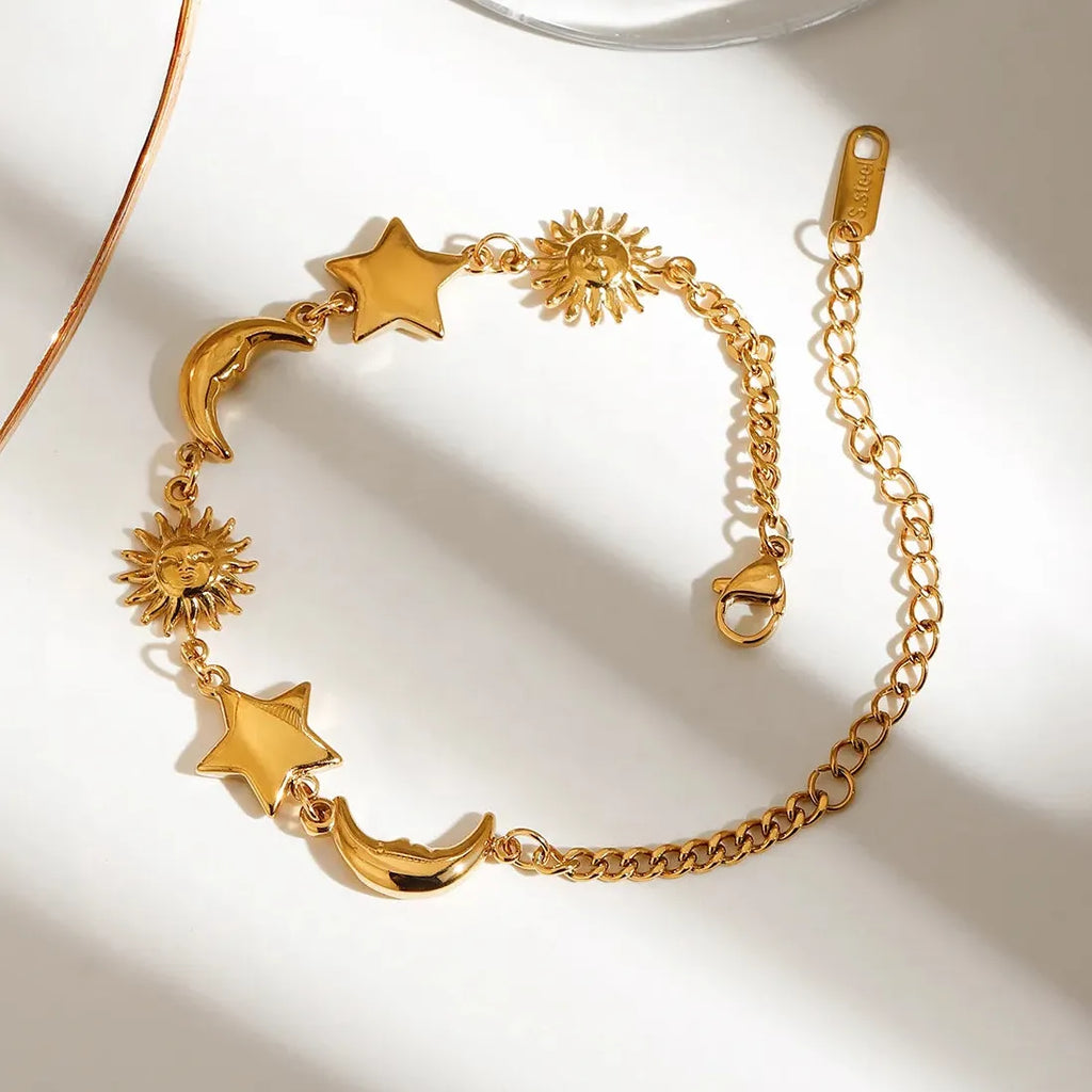 Stainless Steel Star Moon Sun Bracelet for Women Girls Gold Adjustable Chain Bangle Jewelry