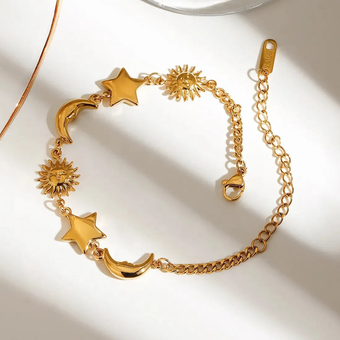 Stainless Steel Star Moon Sun Bracelet for Women Girls Gold Adjustable Chain Bangle Jewelry