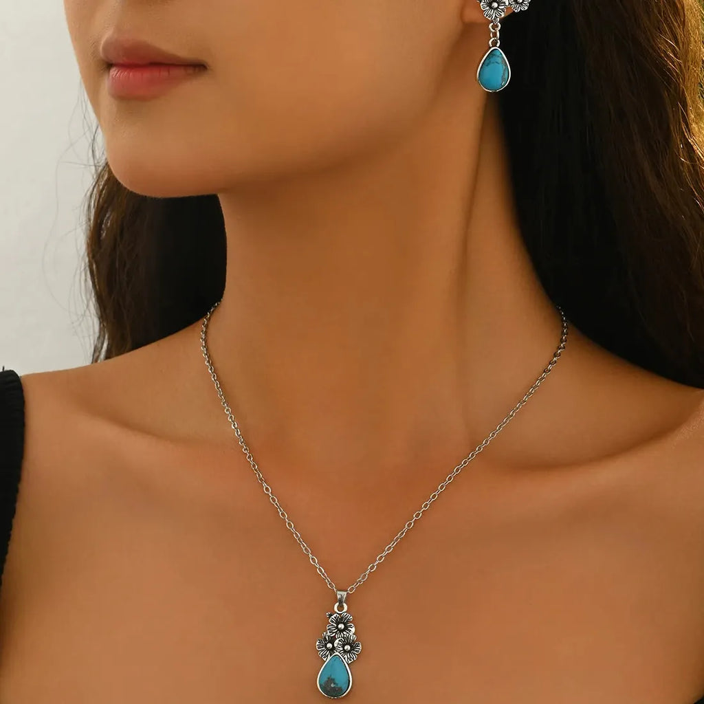Vintage Floral Asymmetrical Long Drop Earrings Blue Stone Metal Necklace Set