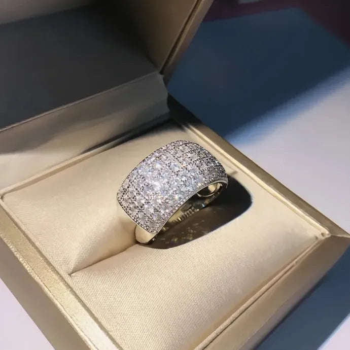 Luxury CZ Paved Women's Wide Geometric Brass Ring Wedding Party Jewelry