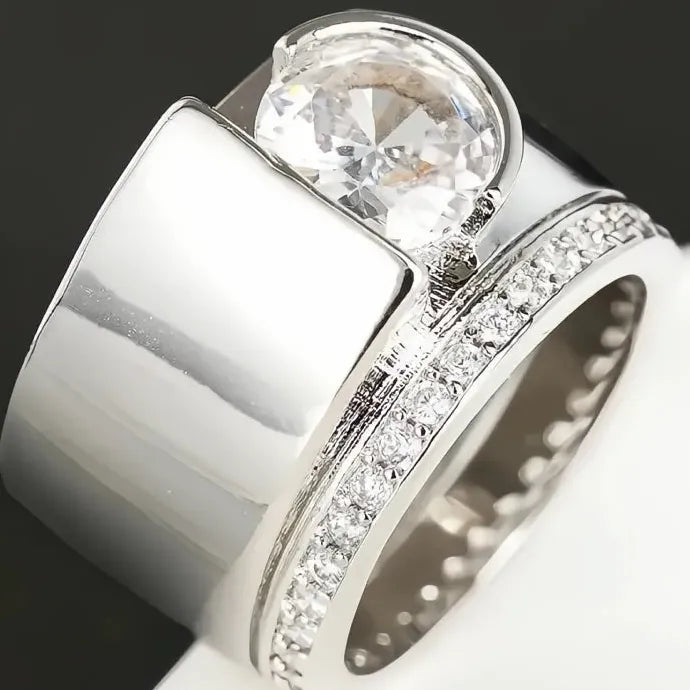Women Silver Color Geometric Brass Ring with Bright Round CZ Stones Cocktail