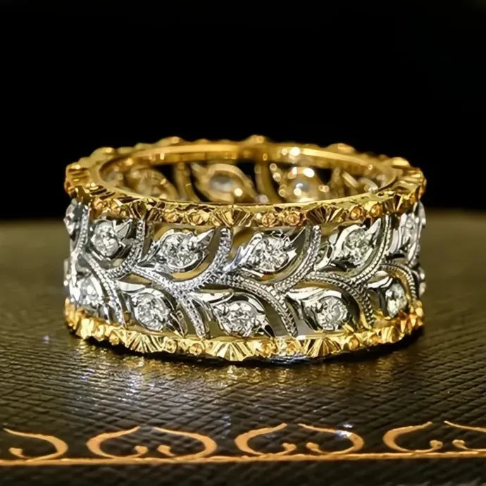 Two-tone Hollow-out Leaf Pattern Brass Ring with Cubic Zirconia for Women Wedding Jewelry