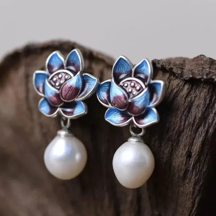 Blue Flower Pearl Stud Earrings for Women 2024 Vintage Zinc Alloy Jewelry