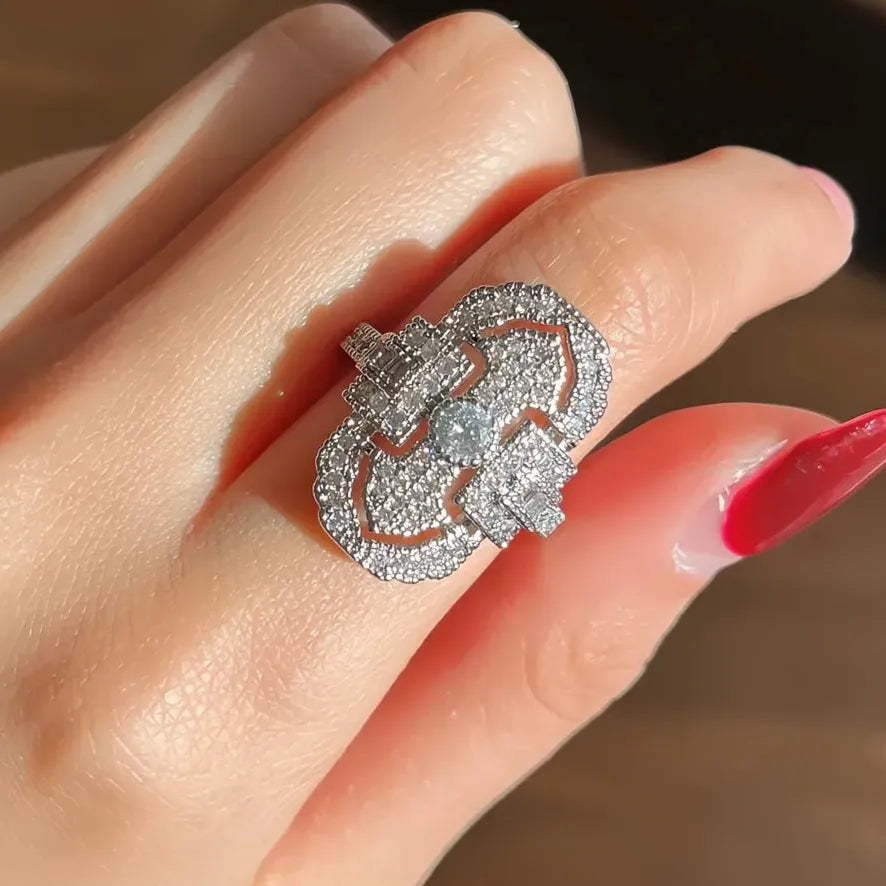 Bridal Geometric Brass Wedding Band with Full Cubic Zirconia for Women