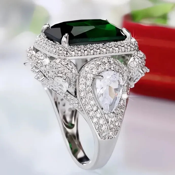 Green Cubic Zirconia Brass Ring Luxury Wedding Anniversary Jewelry Gift