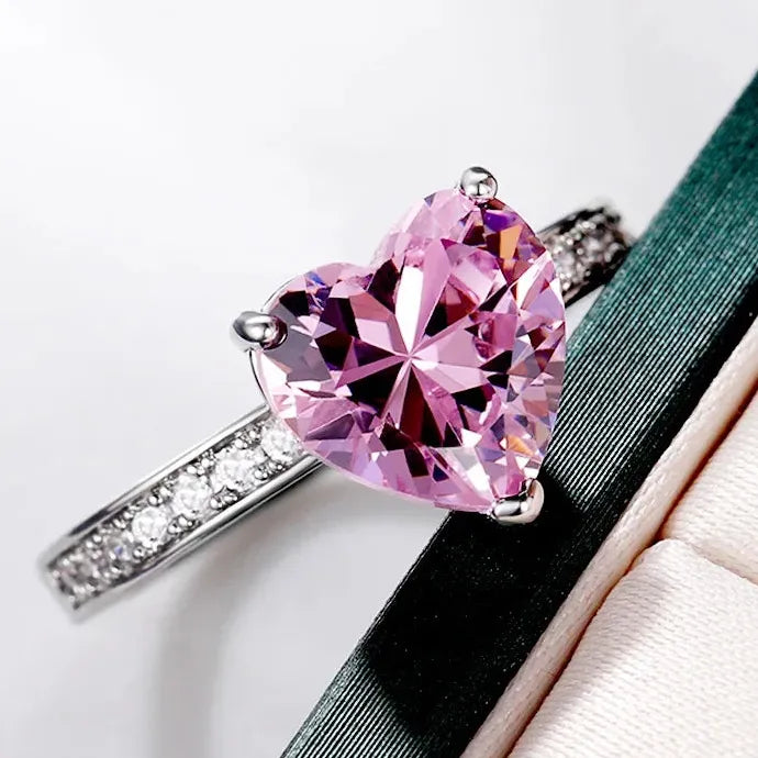 Luxury Zinc Alloy Heart Solitaire Women Engagement Ring Pink CZ Gift
