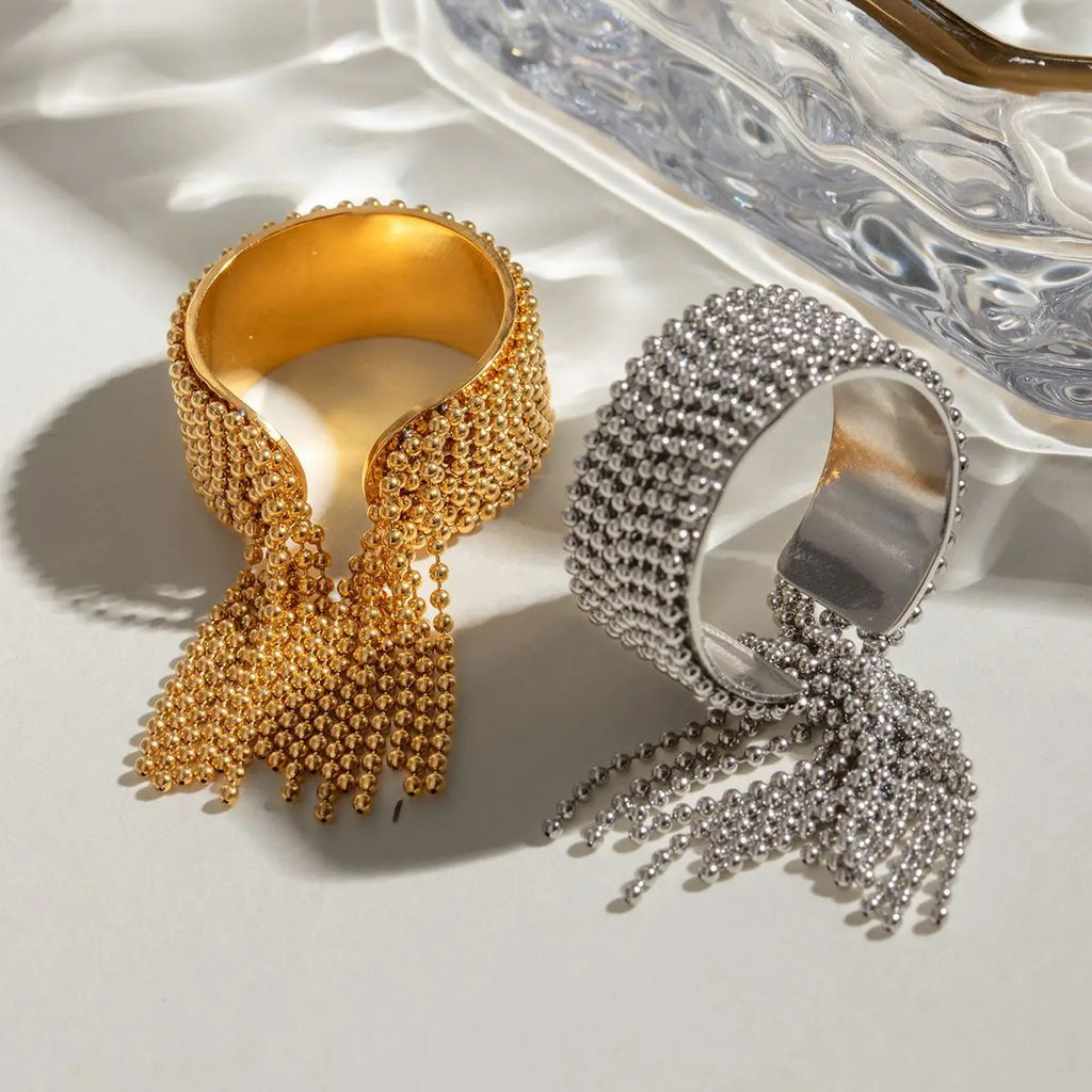 18k Gold Plated Stainless Steel Geometric Multi-Layer Tassel Chain Ring Women