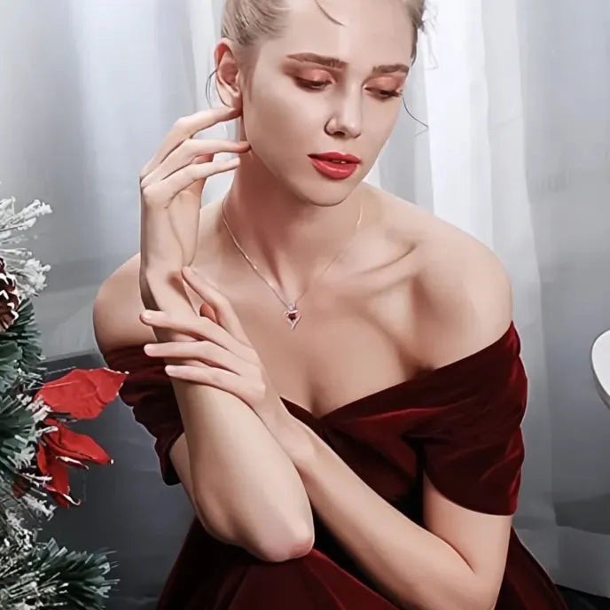 Red Heart Rose Flower CZ Pendant Necklace Copper Alloy Anniversary Gift for Women Mom