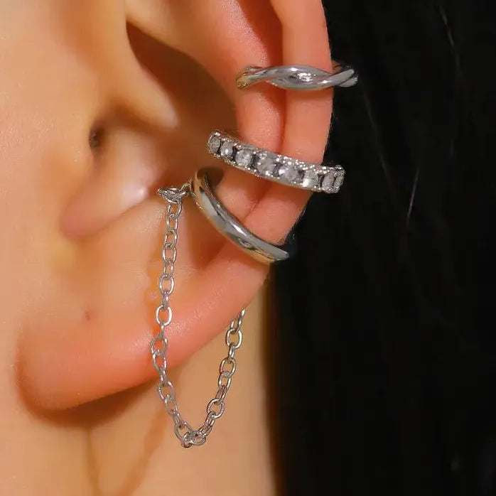 3Pcs C-Shaped Zircon Tassel Clip Earrings Fashion Jewelry Gifts