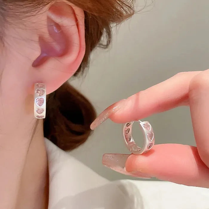 Pink Heart Zirconia Stainless Steel Hoop Earrings Women Y2K Jewelry