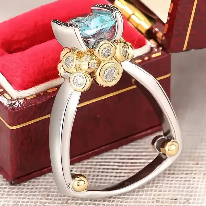 Two Tone Brass Women’s Geometric Ring with Blue CZ Wedding Party Jewelry