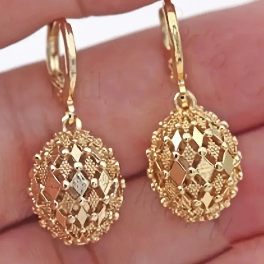 Vintage Hand Engraved Pattern Gold Plated Zinc Alloy Drop Hoop Earrings Women