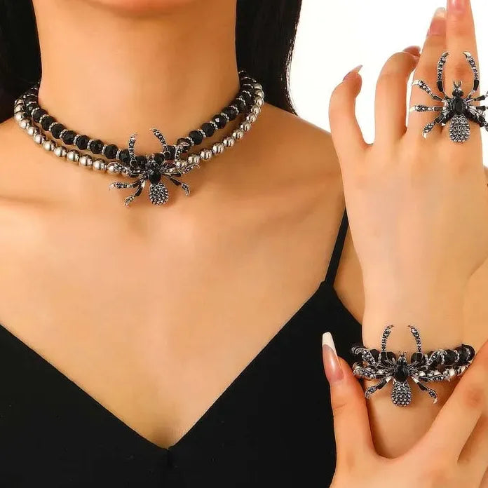 Punk Gothic Black Crystal Spider Necklace & Bracelet Set for Men Women