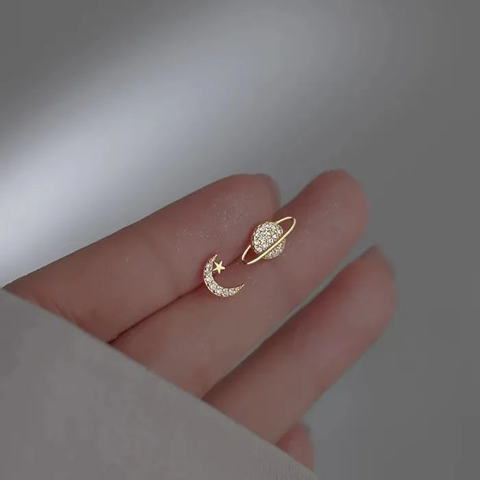 Zircon Star Moon Mini Korean Asymmetric Stud Earrings for Women Gift