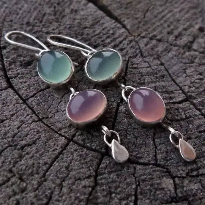 Natural Moonstone Drop Earrings Oval Pink Blue Stone Wedding Jewelry Gift Women