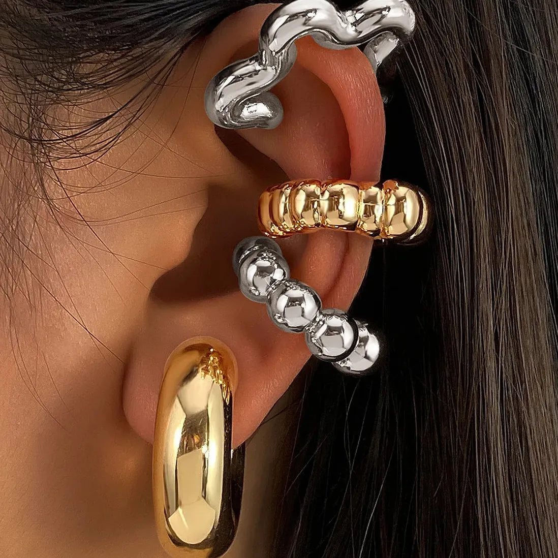Geometric Round Bead Clip-On Earrings for Women No Piercing Cartilage Cuff