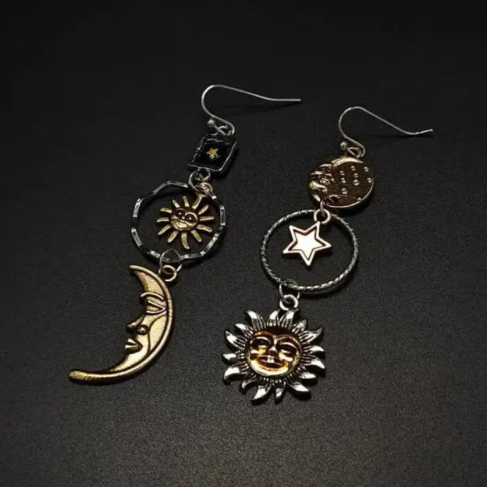 Vintage Asymmetric Sun Moon Tassel Dangle Earrings for Women Stylish Jewelry
