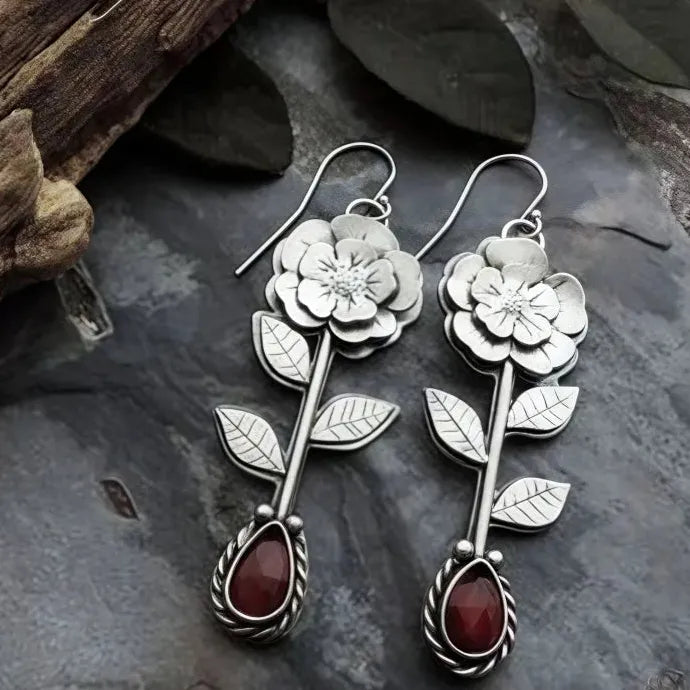 Vintage Metal Handmade Carving Flower Earrings with Redstone Inlay for Women