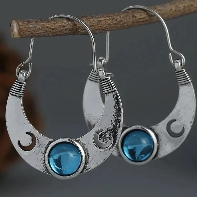 Bohemian Moon Shaped Inlaid Moonstone Earrings for Women Zinc Alloy