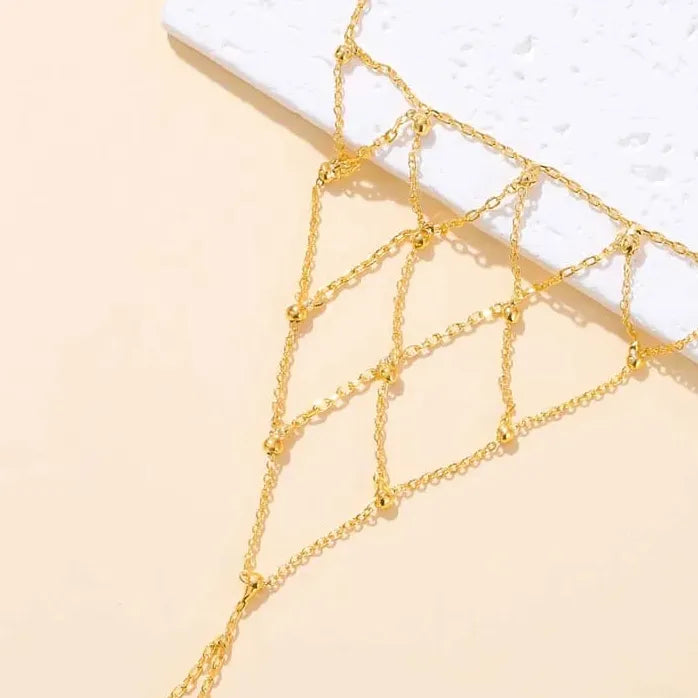Bohemian Gold Mesh Hand Chain Bracelet Ring for Women Copper Rhinestone Bridal Gift