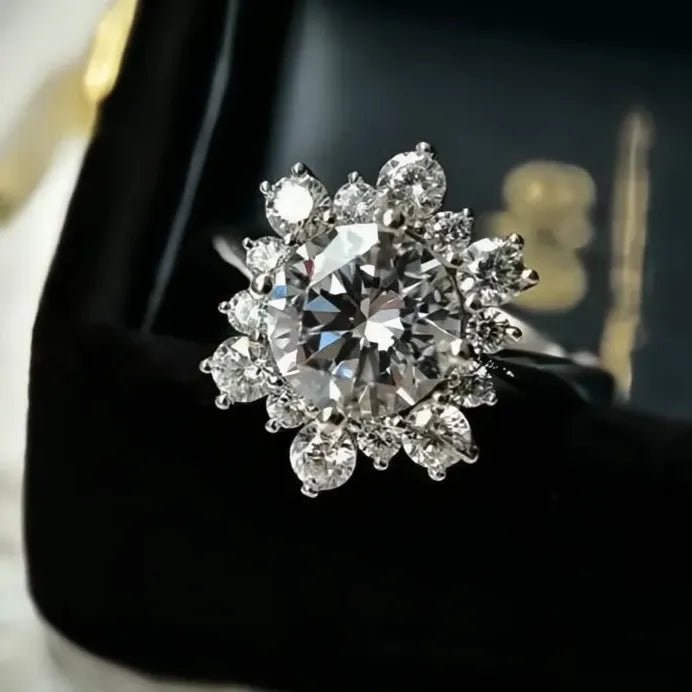 Sunflower CZ Iced Out Silver Wedding Band Ring for Women Bridal Jewelry