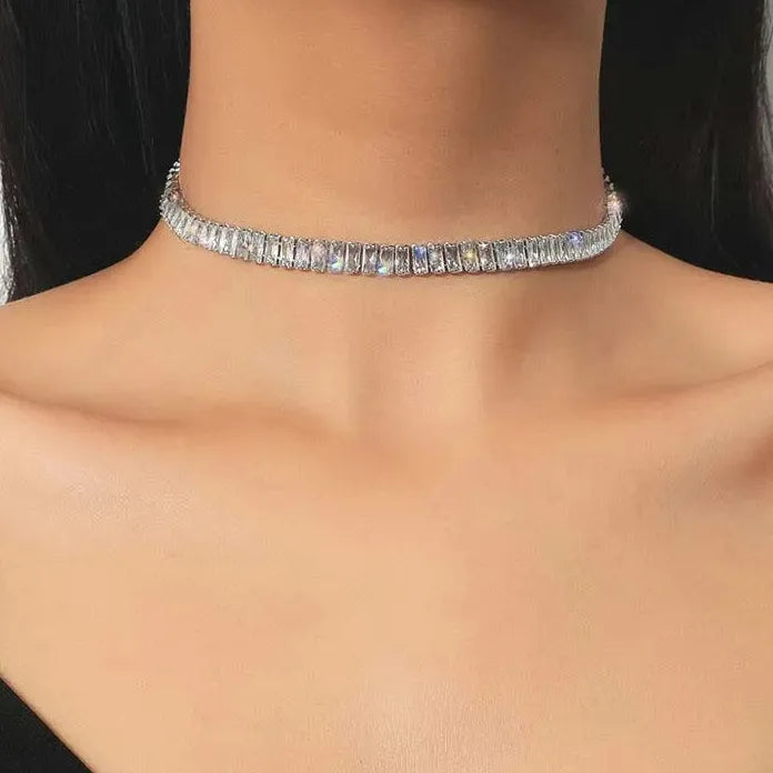 Stainless Steel Zircon Crystal Rectangle Geometric Choker Necklace Women Jewelry Set