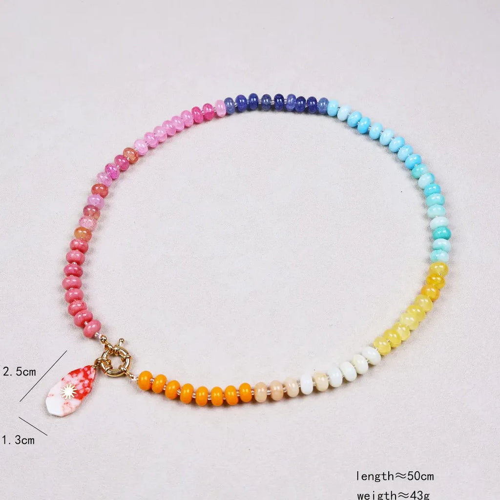Handmade Multi Colored Rice Bead Natural Stone Geometric Pendant Choker Necklace