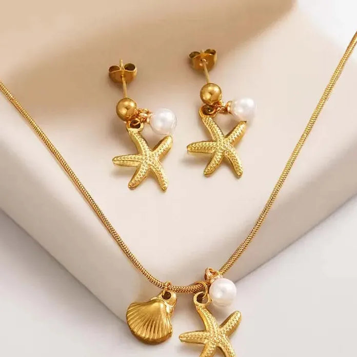 Stainless Steel Starfish Pendant Necklace for Women Gold Chain Choker Jewelry Set