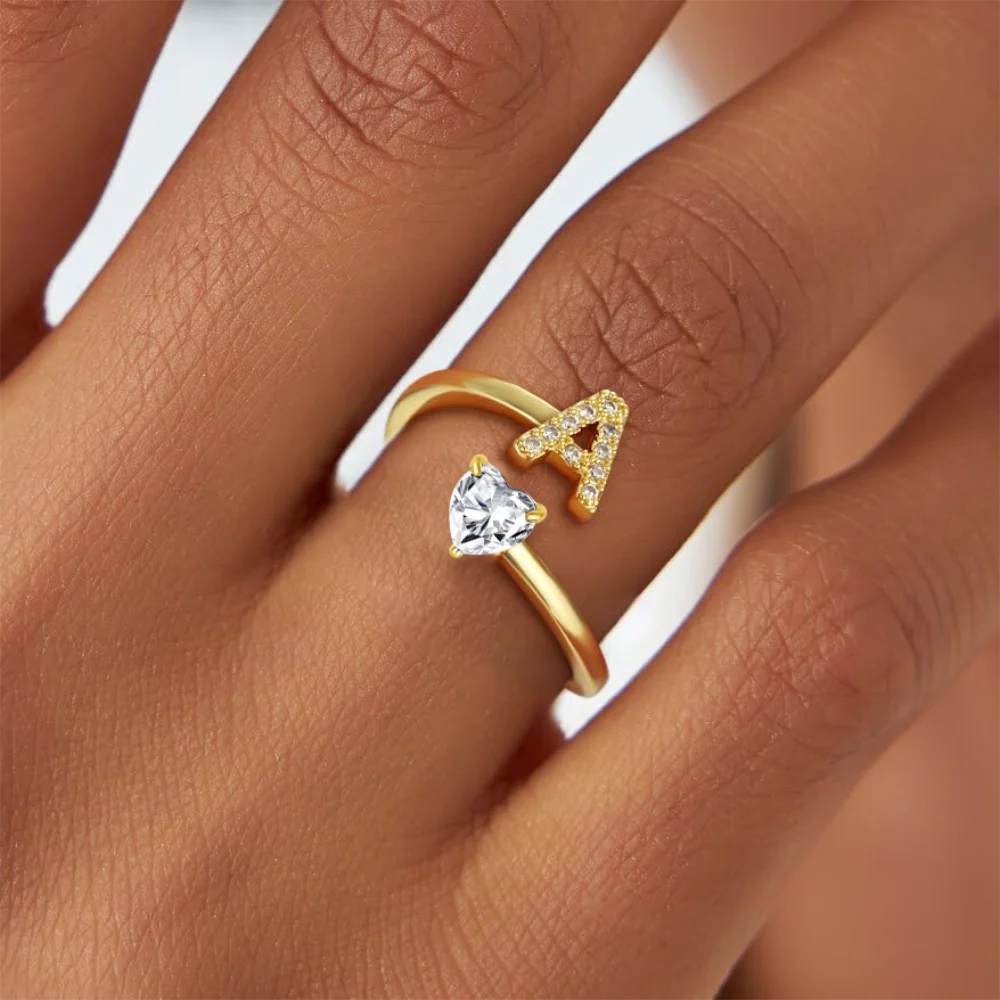 Polished Gold Plated Copper A-Z Letter Initial Ring with Zircon Heart Wedding Jewelry