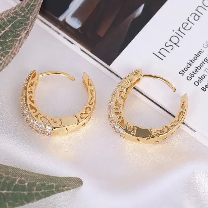Hollow Gold Hoop Earrings for Women CZ Stone Paved Luxury Circle Jewelry