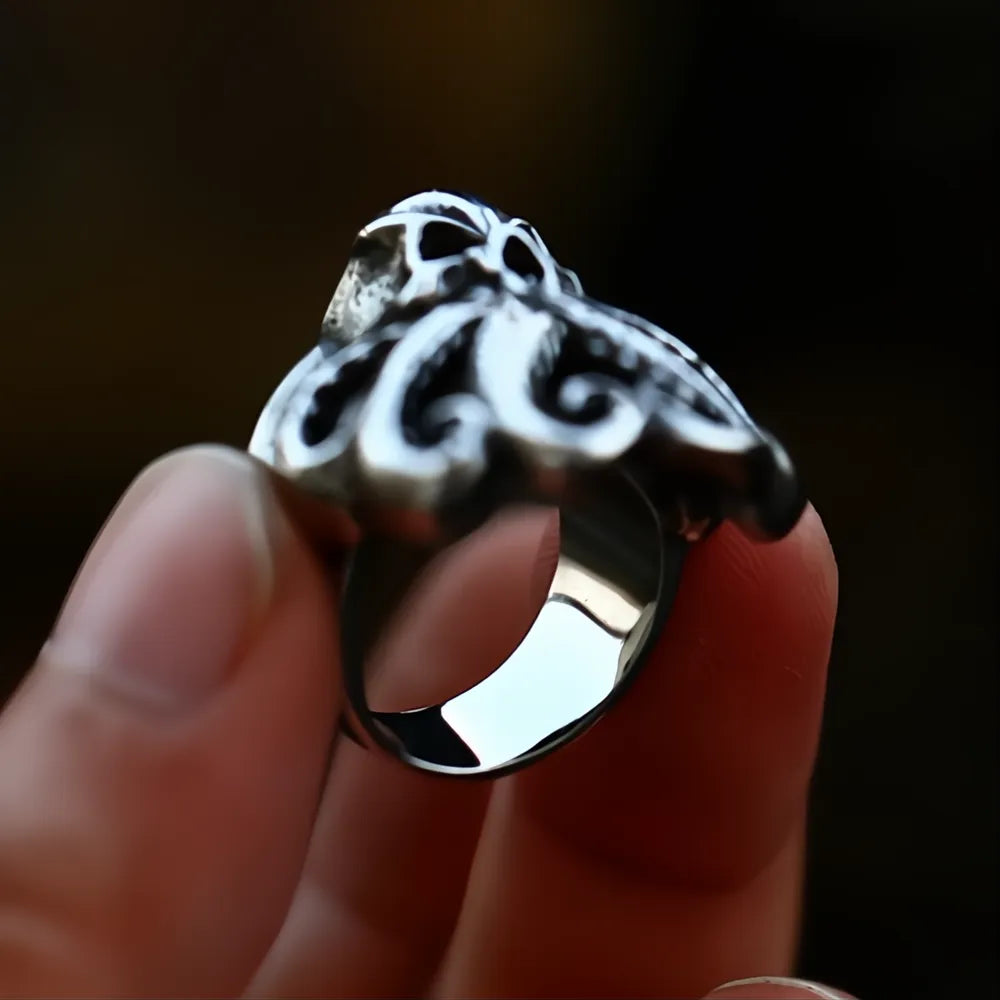 Stainless Steel Skull Octopus Ring | Viking Pirate Gothic Biker Ring for Men