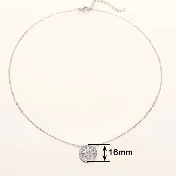 Round CZ Crystal Pendant Necklace Silver Floral Copper Alloy Jewelry Gift