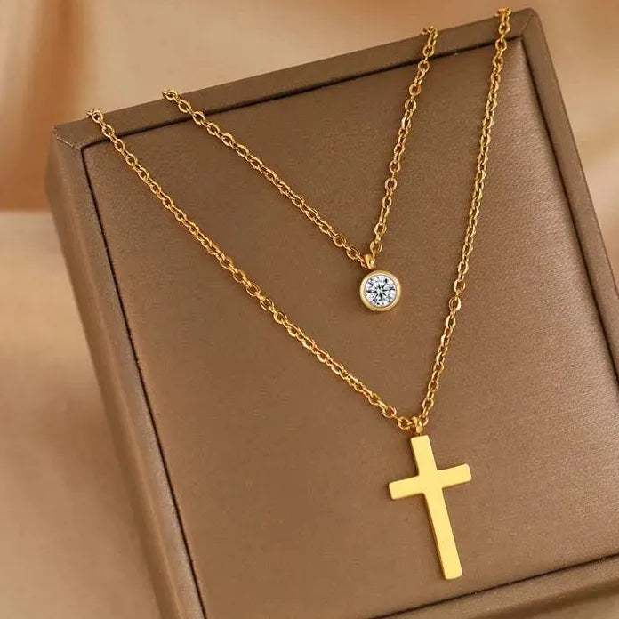 Stainless Steel Gold Cross Pendant Necklace for Women Double Layer Chain Jewelry Gift