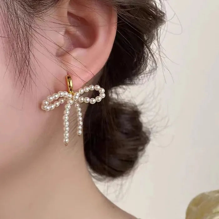 Handmade Korean Pearl Bow Tassel Hoop Earrings Zinc Alloy Dangle Y2K