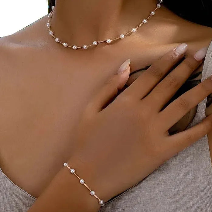 Kpop White Imitation Pearl Choker Necklace & Bracelet Set Silver Bridal Jewelry