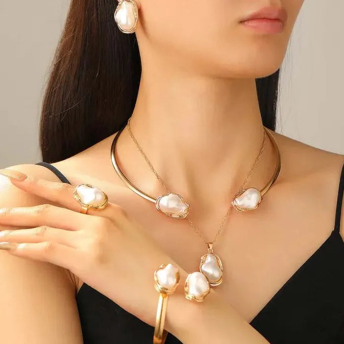 Vintage Gold Imitation Pearl Pendant Adjustable Metal Necklace Jewelry Set for Women